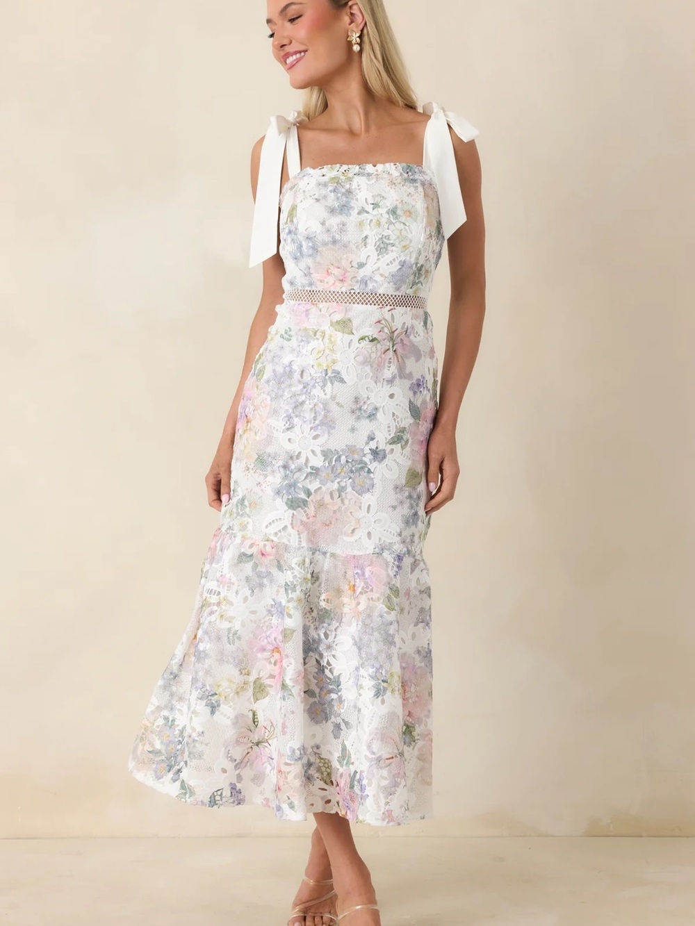 Red Dress Boutique White Floral Lace Midi Dress with Pastel Bouquet